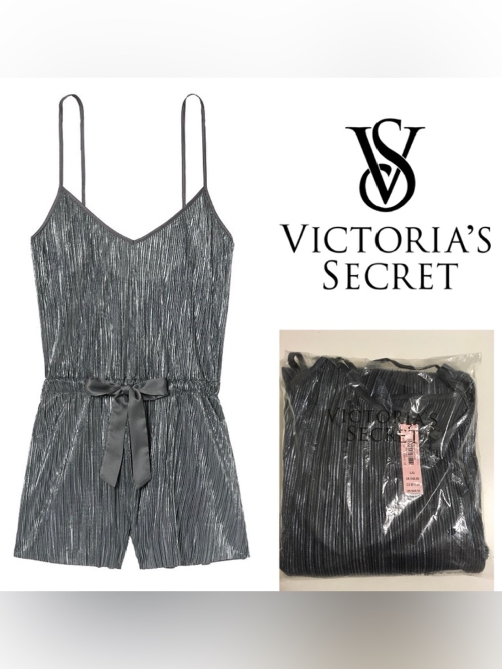 🆕VICTORIA’S SECRET - M/L - NWT - GREY METALLIC SHINE PLEAT SLEEP ROMPER / SLIP